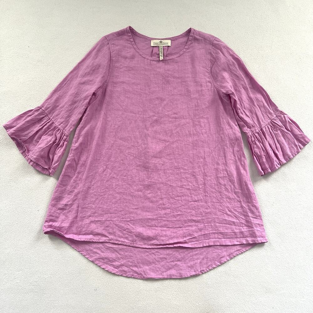 Crown Linen Designs Women Pink Linen Bell Sleeve Lagenlook Scoop Neck Shirt S
